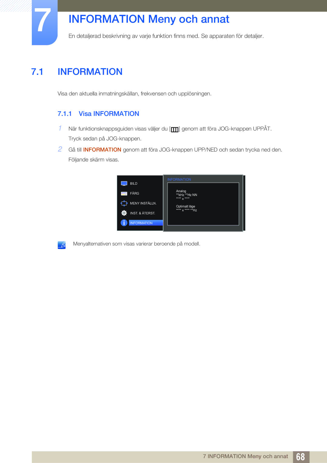 Samsung LS24E391HL/EN, LS27E390HS/EN, LS24E390HL/EN, LS22E390HS/EN manual Information Meny och annat, Visa Information 