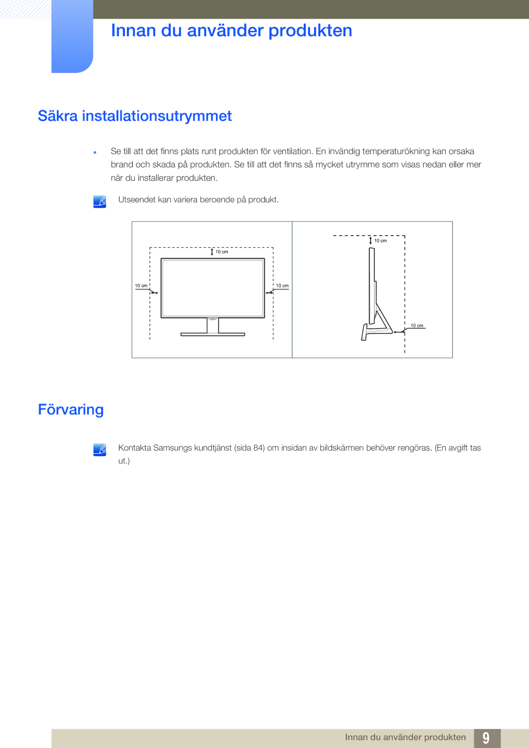 Samsung LS22E390HS/EN, LS27E390HS/EN, LS24E390HL/EN, LS24E391HL/EN, LS27E391HS/EN manual Säkra installationsutrymmet, Förvaring 