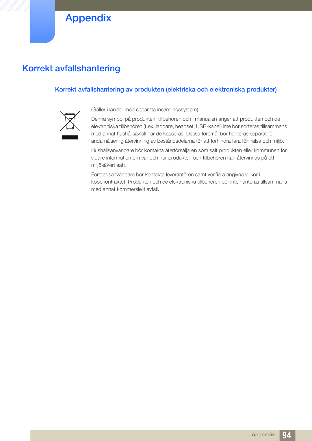 Samsung LS27E391HS/EN, LS27E390HS/EN, LS24E390HL/EN Korrekt avfallshantering, Gäller i länder med separata insamlingssystem 