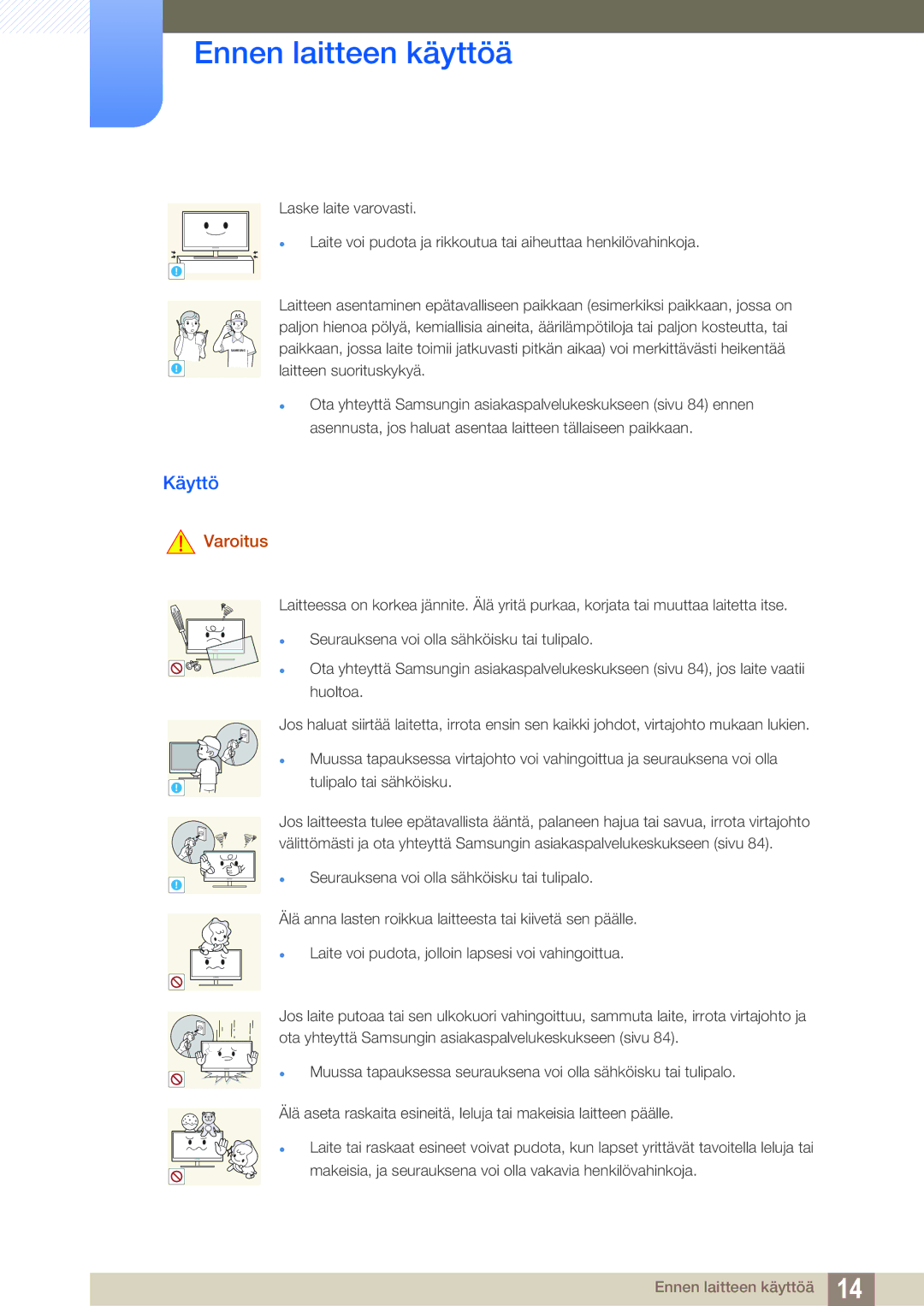 Samsung LS24E391HL/EN, LS27E390HS/EN, LS24E390HL/EN, LS22E390HS/EN, LS27E391HS/EN manual Käyttö, Tulipalo tai sähköisku 