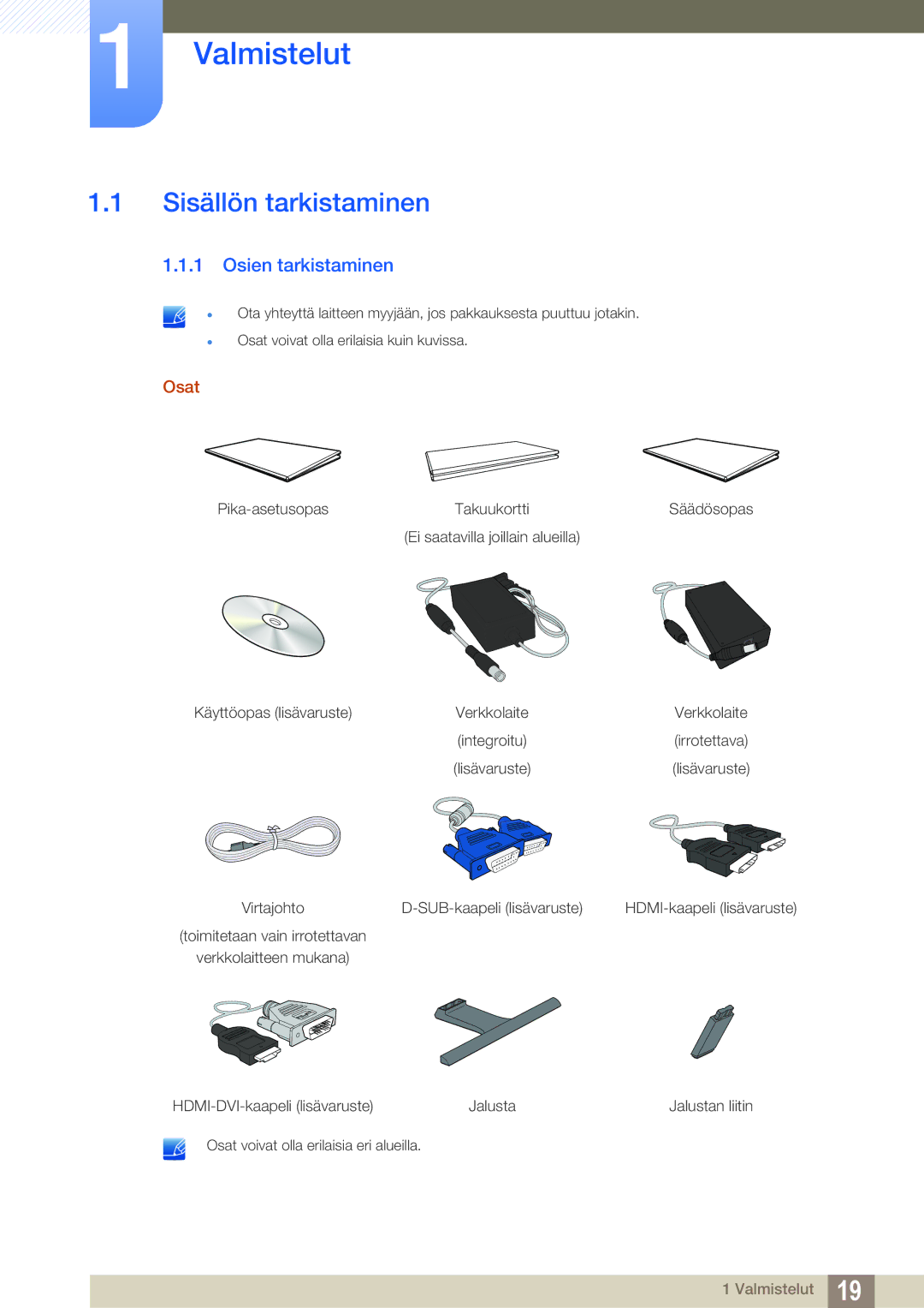 Samsung LS24E390HL/EN, LS27E390HS/EN, LS24E391HL/EN manual Valmistelut, Sisällön tarkistaminen, Osien tarkistaminen, Osat 