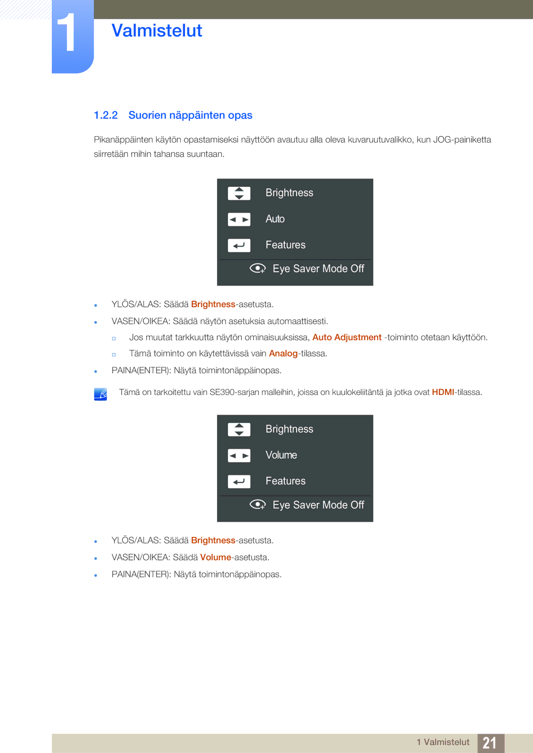 Samsung LS22E390HS/EN, LS27E390HS/EN, LS24E390HL/EN Suorien näppäinten opas, Brightness Auto Features Eye Saver Mode Off 