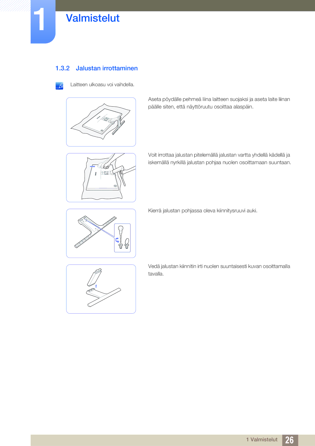 Samsung LS24E391HL/EN, LS27E390HS/EN, LS24E390HL/EN, LS22E390HS/EN, LS27E391HS/EN, LS22E391HS/EN manual Jalustan irrottaminen 