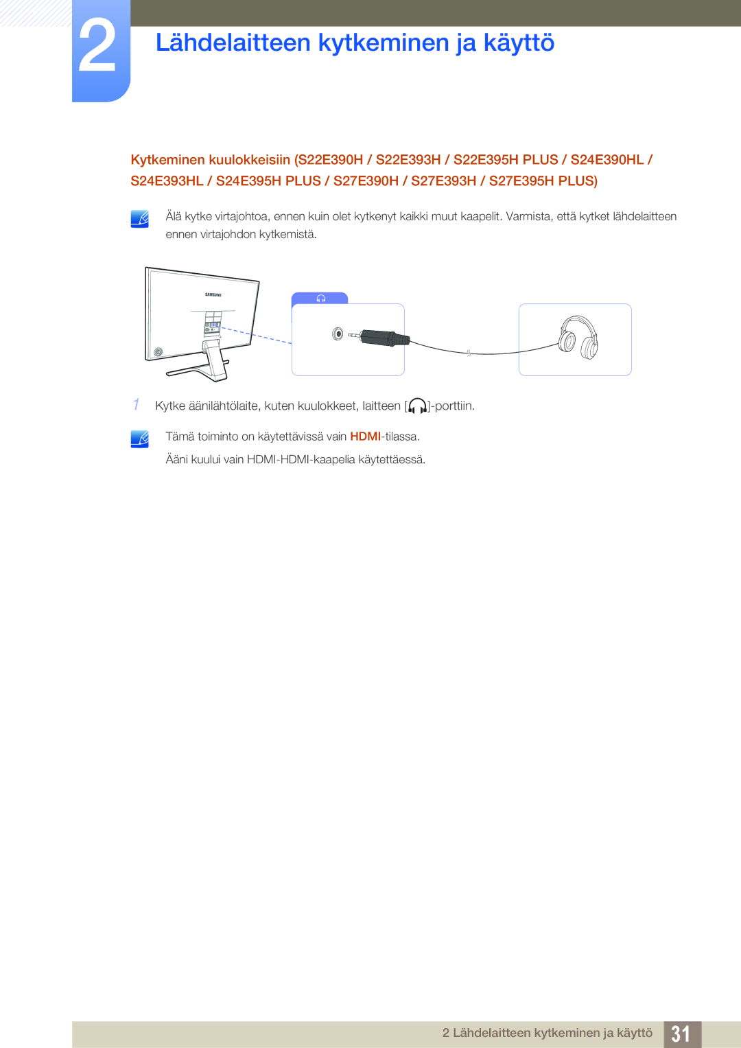 Samsung LS24E390HL/EN, LS27E390HS/EN, LS24E391HL/EN, LS22E390HS/EN, LS27E391HS/EN manual Lähdelaitteen kytkeminen ja käyttö 