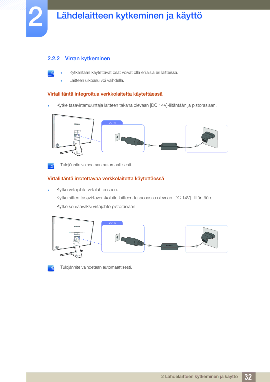 Samsung LS24E391HL/EN, LS27E390HS/EN manual Virran kytkeminen, Virtaliitäntä integroitua verkkolaitetta käytettäessä 