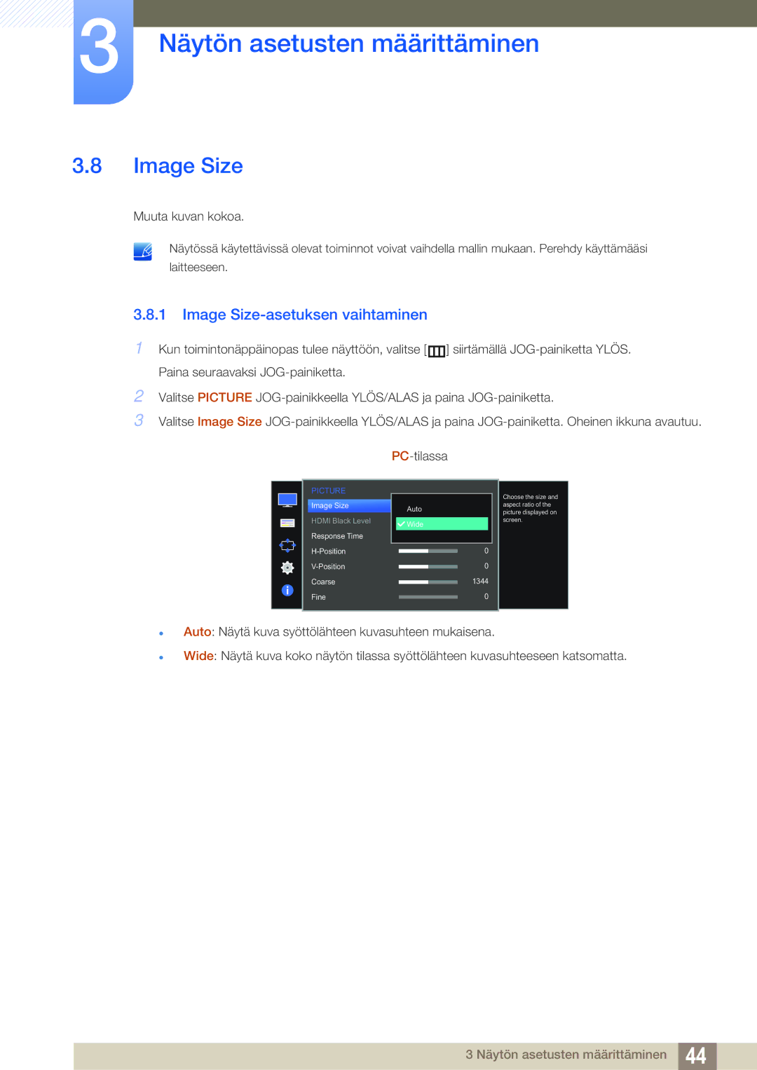 Samsung LS24E391HL/EN, LS27E390HS/EN, LS24E390HL/EN, LS22E390HS/EN, LS27E391HS/EN manual Image Size-asetuksen vaihtaminen 