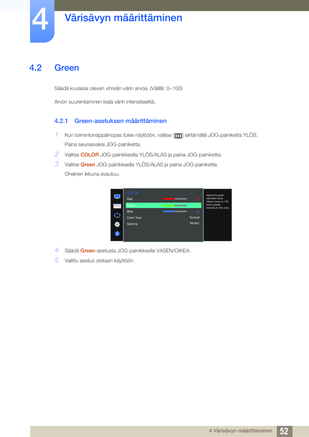 Samsung LS27E391HS/EN, LS27E390HS/EN, LS24E390HL/EN, LS24E391HL/EN, LS22E390HS/EN manual Green-asetuksen määrittäminen 