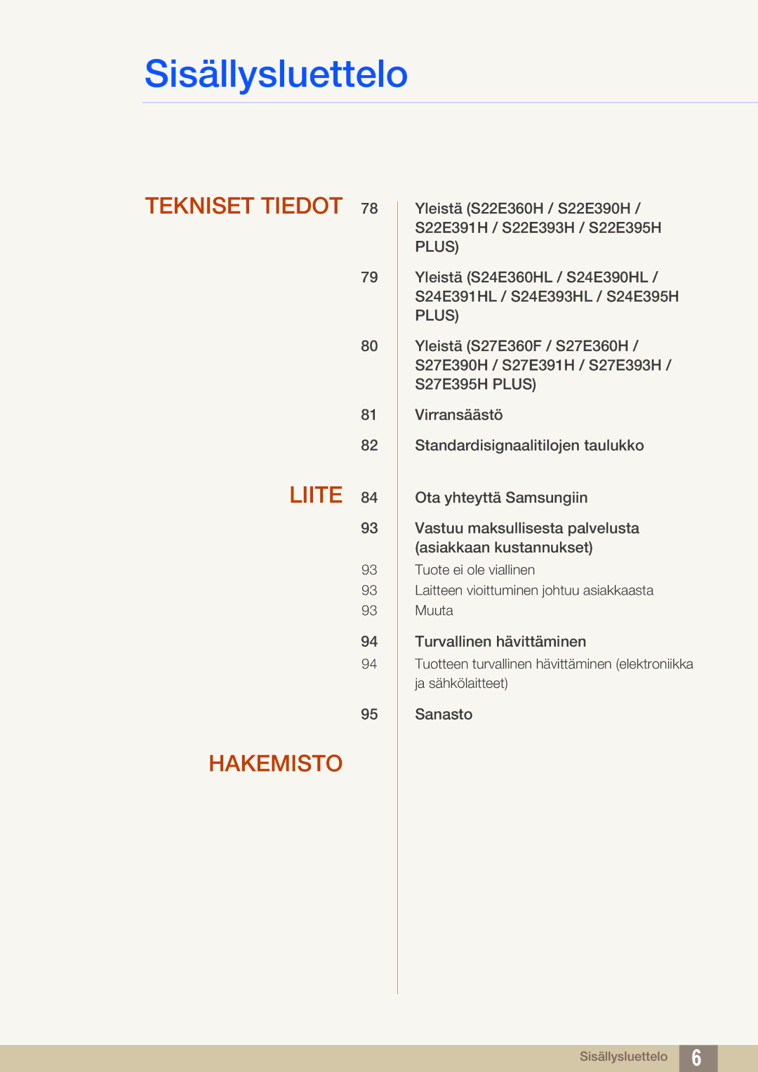 Samsung LS27E390HS/EN, LS24E390HL/EN, LS24E391HL/EN, LS22E390HS/EN, LS27E391HS/EN manual Tekniset Tiedot Liite Hakemisto 