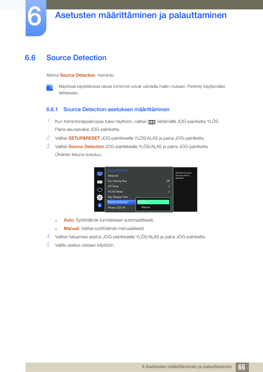 Samsung LS27E390HS/EN, LS24E390HL/EN, LS24E391HL/EN, LS22E390HS/EN manual Source Detection-asetuksen määrittäminen 