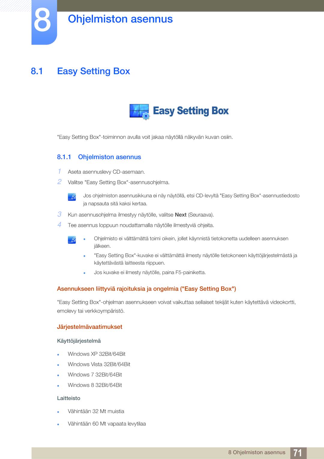 Samsung LS22E391HS/EN, LS27E390HS/EN, LS24E390HL/EN manual Ohjelmiston asennus, Easy Setting Box, Järjestelmävaatimukset 