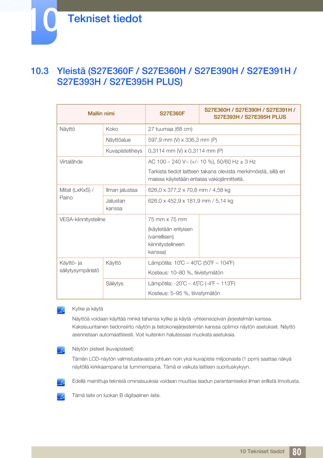 Samsung LS24E391HL/EN, LS27E390HS/EN, LS24E390HL/EN, LS22E390HS/EN, LS27E391HS/EN, LS22E391HS/EN manual VESA-kiinnitysteline 