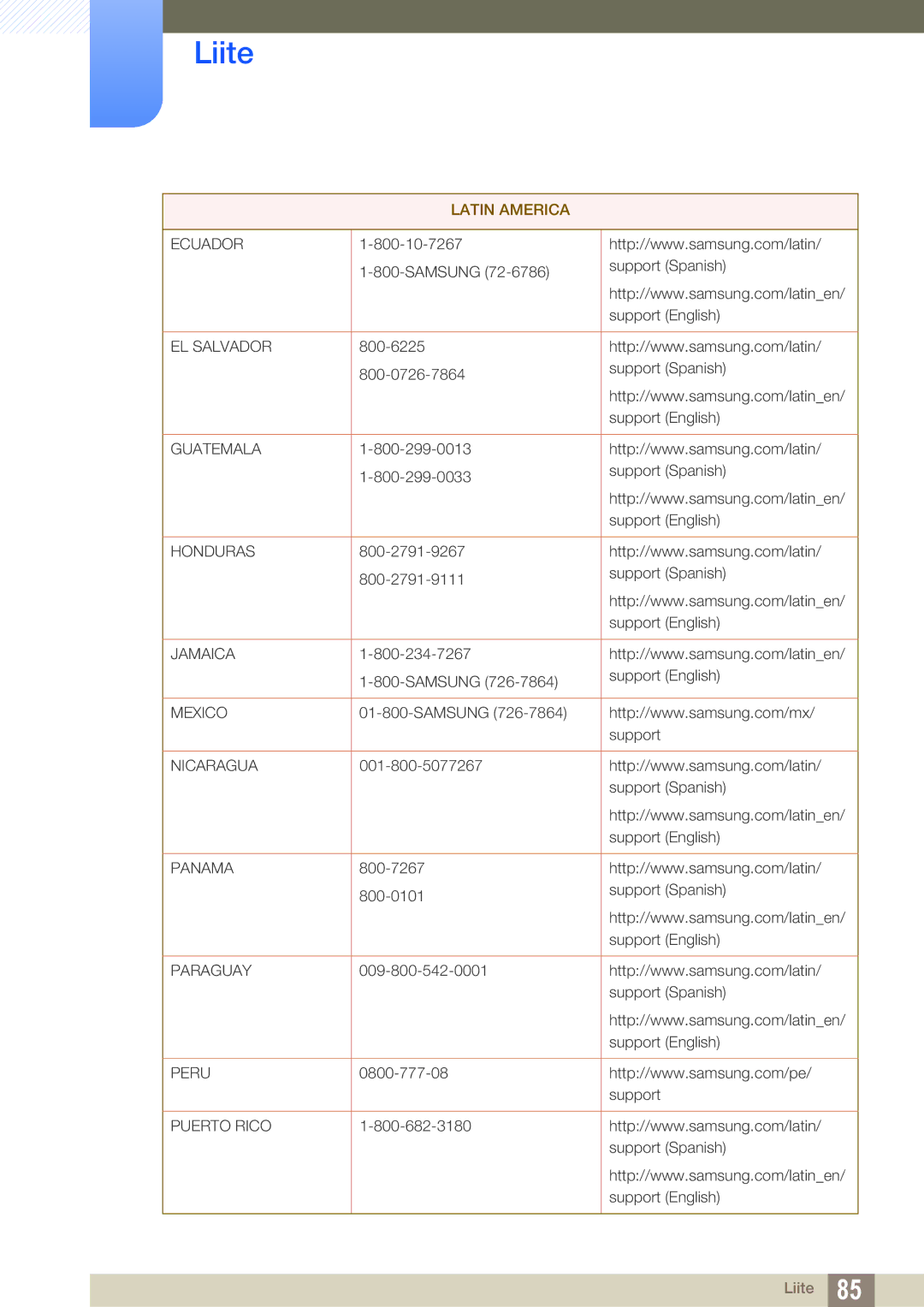 Samsung LS24E390HL/EN, LS27E390HS/EN, LS24E391HL/EN, LS22E390HS/EN, LS27E391HS/EN, LS22E391HS/EN manual Ecuador 