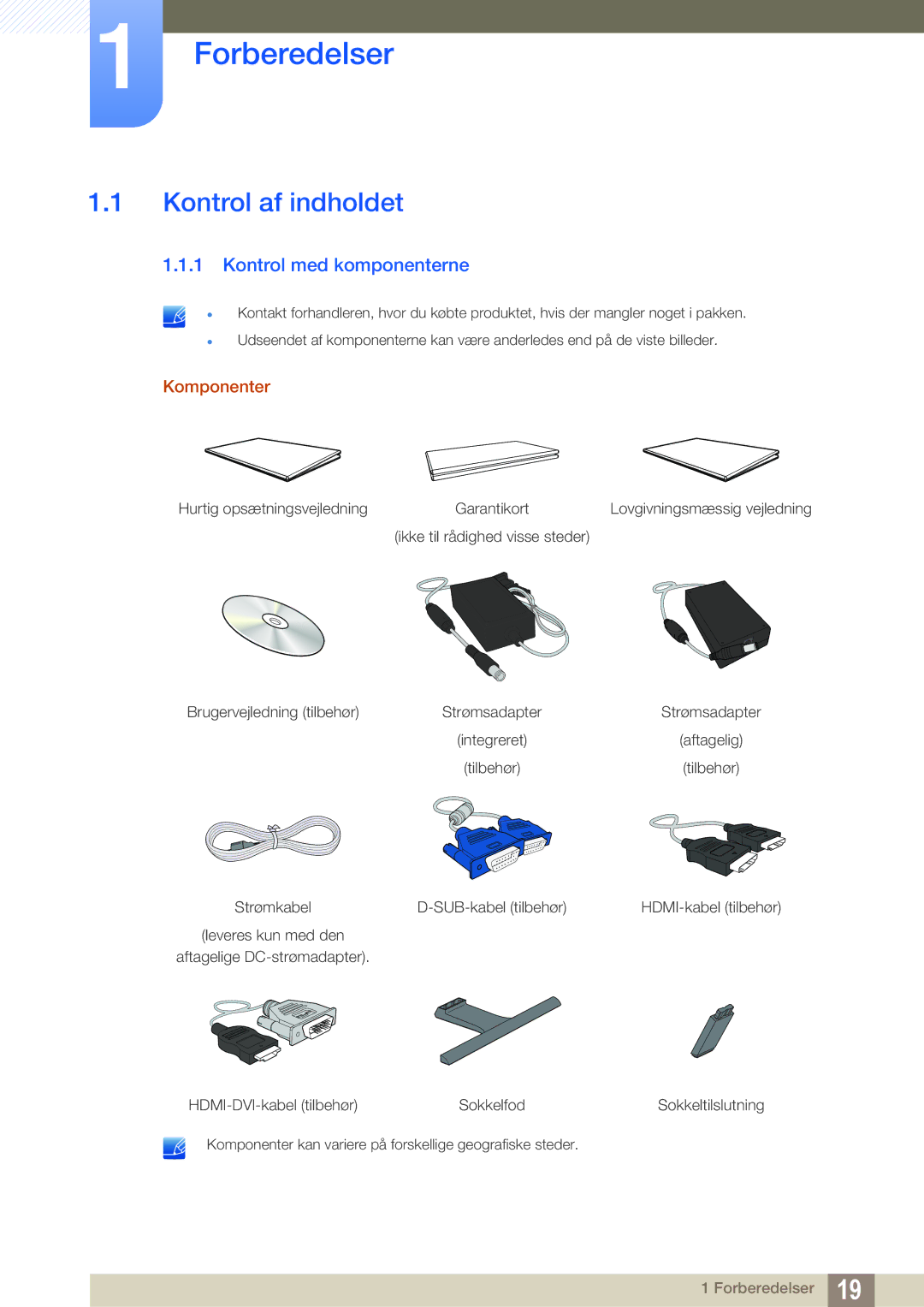 Samsung LS24E390HL/EN, LS27E390HS/EN, LS24E391HL/EN manual Forberedelser, Kontrol af indholdet, Kontrol med komponenterne 