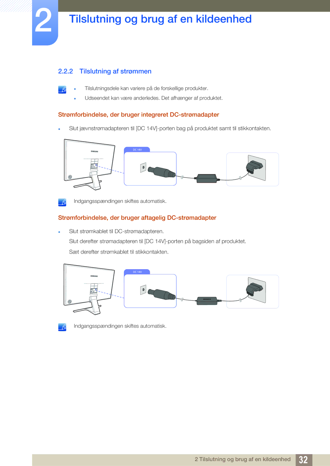 Samsung LS24E391HL/EN, LS27E390HS/EN manual Tilslutning af strømmen, Strømforbindelse, der bruger integreret DC-strømadapter 