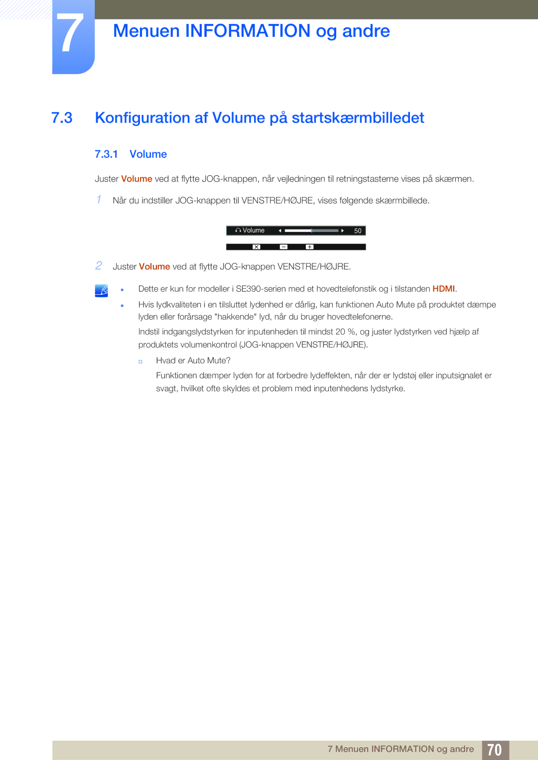 Samsung LS27E391HS/EN, LS27E390HS/EN, LS24E390HL/EN, LS24E391HL/EN manual Konfiguration af Volume på startskærmbilledet 