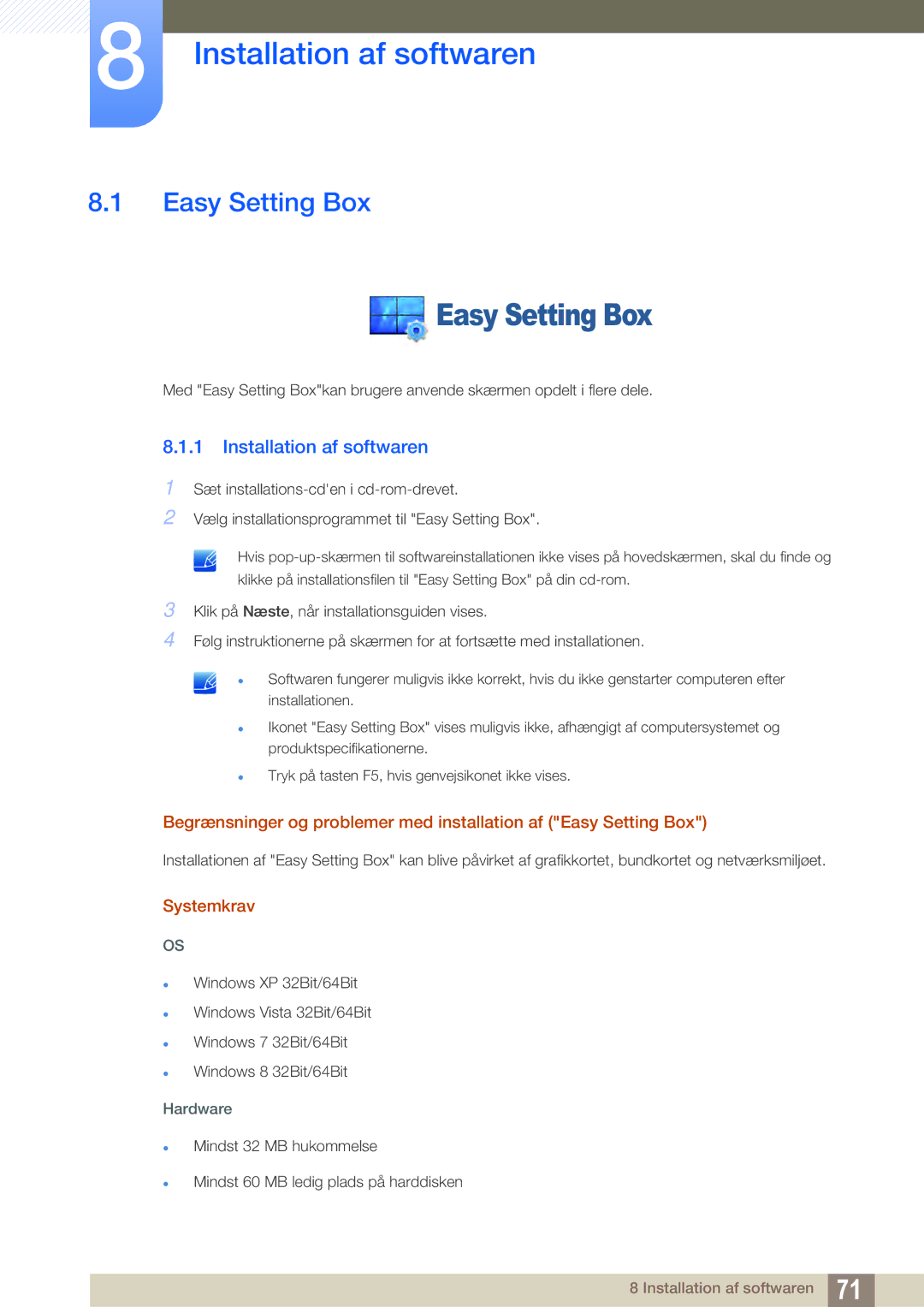 Samsung LS22E391HS/EN, LS27E390HS/EN, LS24E390HL/EN, LS24E391HL/EN, LS22E390HS/EN Installation af softwaren, Easy Setting Box 