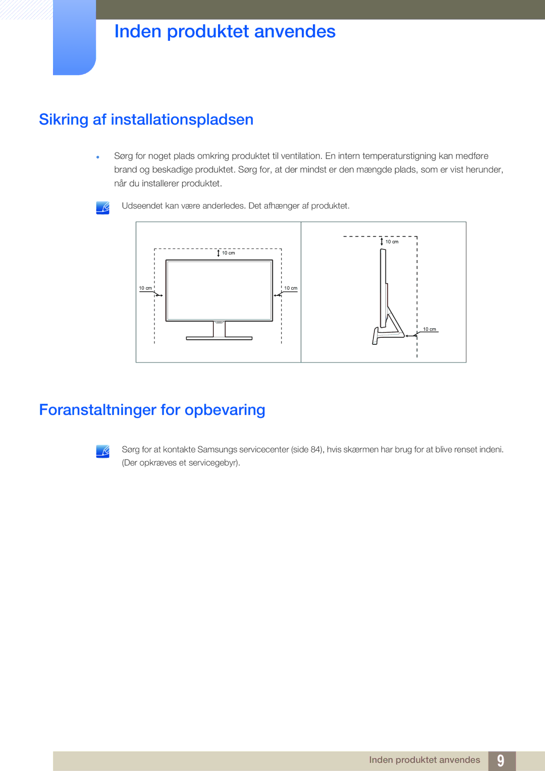 Samsung LS22E390HS/EN, LS27E390HS/EN, LS24E390HL/EN manual Sikring af installationspladsen, Foranstaltninger for opbevaring 