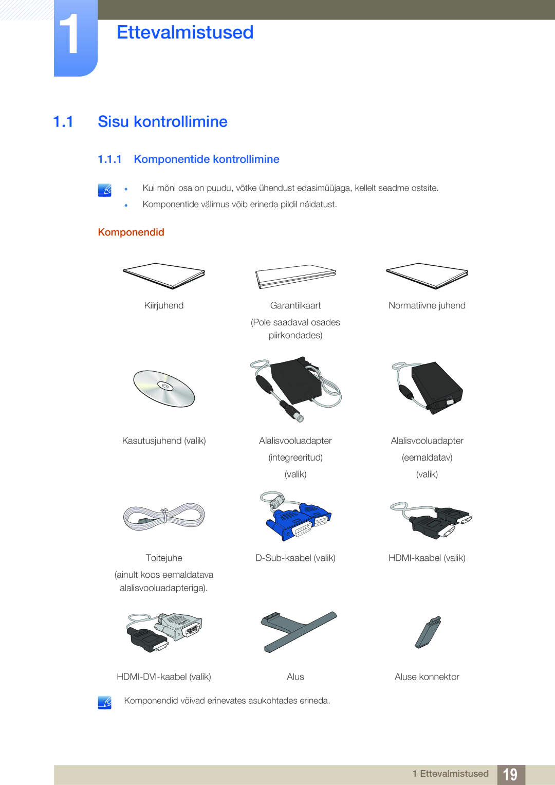 Samsung LS24E390HL/EN, LS27E390HS/EN manual Ettevalmistused, Sisu kontrollimine, Komponentide kontrollimine, Komponendid 