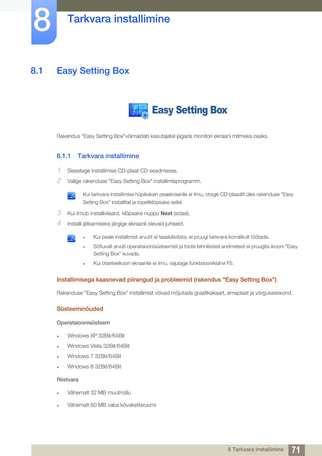 Samsung LS22E391HS/EN, LS27E390HS/EN, LS24E390HL/EN, LS24E391HL/EN Tarkvara installimine, Easy Setting Box, Süsteeminõuded 