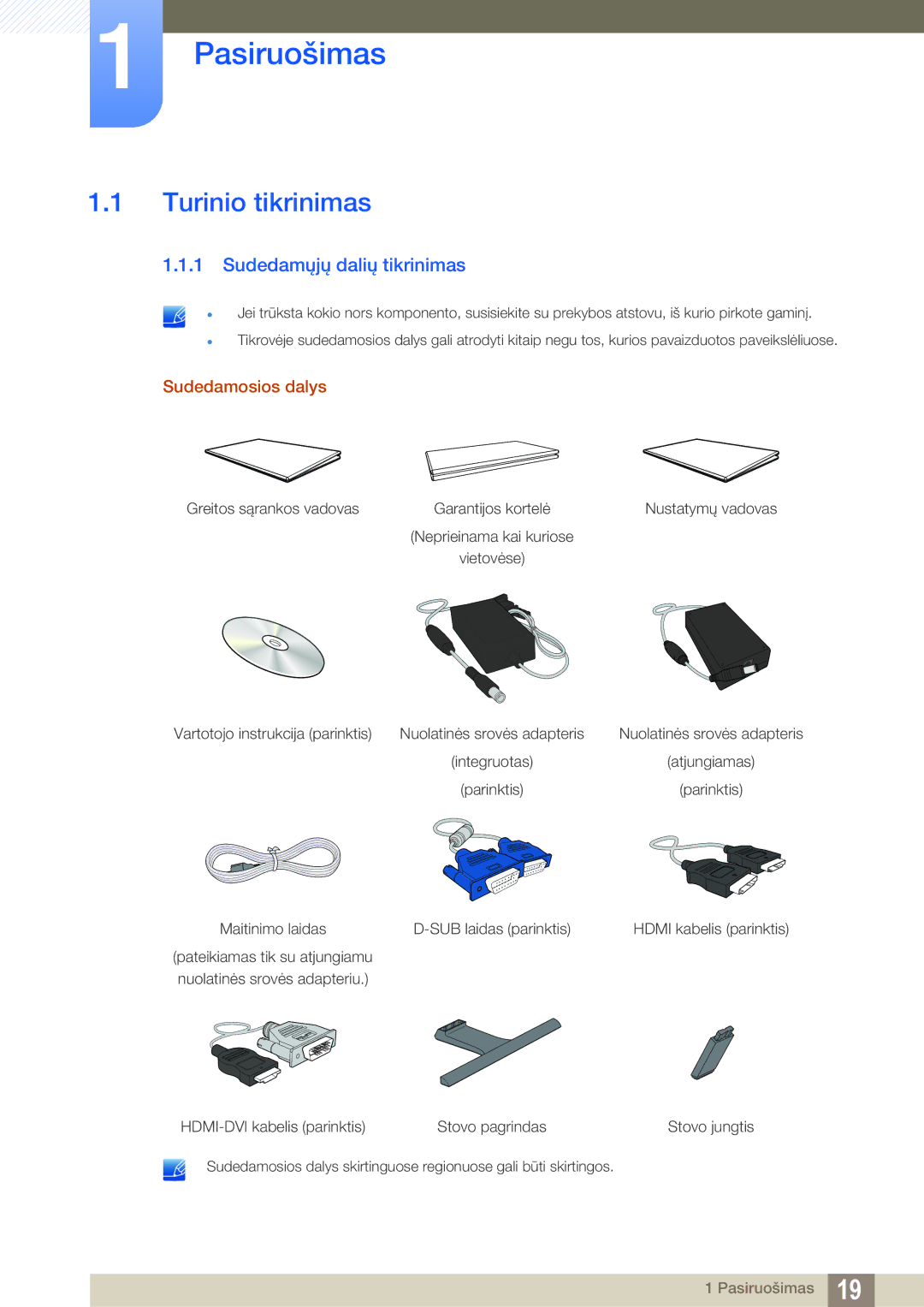 Samsung LS24E390HL/EN, LS27E390HS/EN Pasiruošimas, Turinio tikrinimas, Sudedamųjų dalių tikrinimas, Sudedamosios dalys 