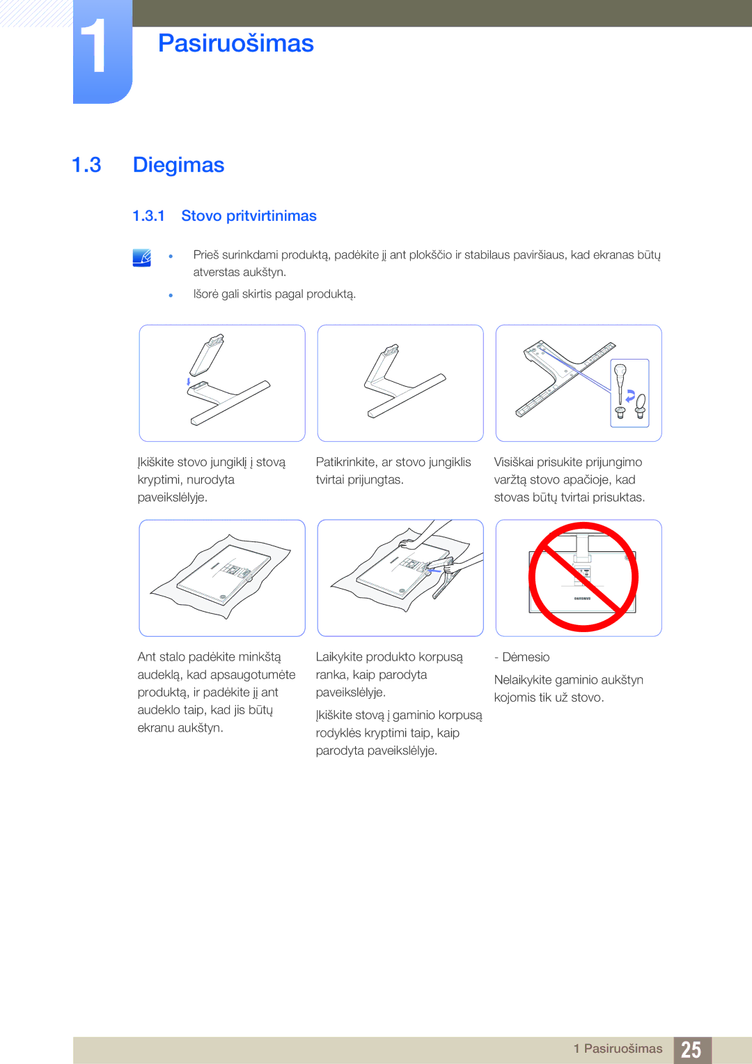 Samsung LS24E390HL/EN, LS27E390HS/EN, LS24E391HL/EN, LS22E390HS/EN, LS27E391HS/EN manual Diegimas, Stovo pritvirtinimas 