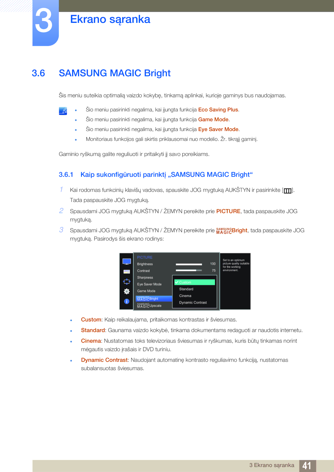 Samsung LS22E391HS/EN, LS27E390HS/EN manual Samsung Magic Bright, Kaip sukonfigūruoti parinktį „SAMSUNG Magic Bright 