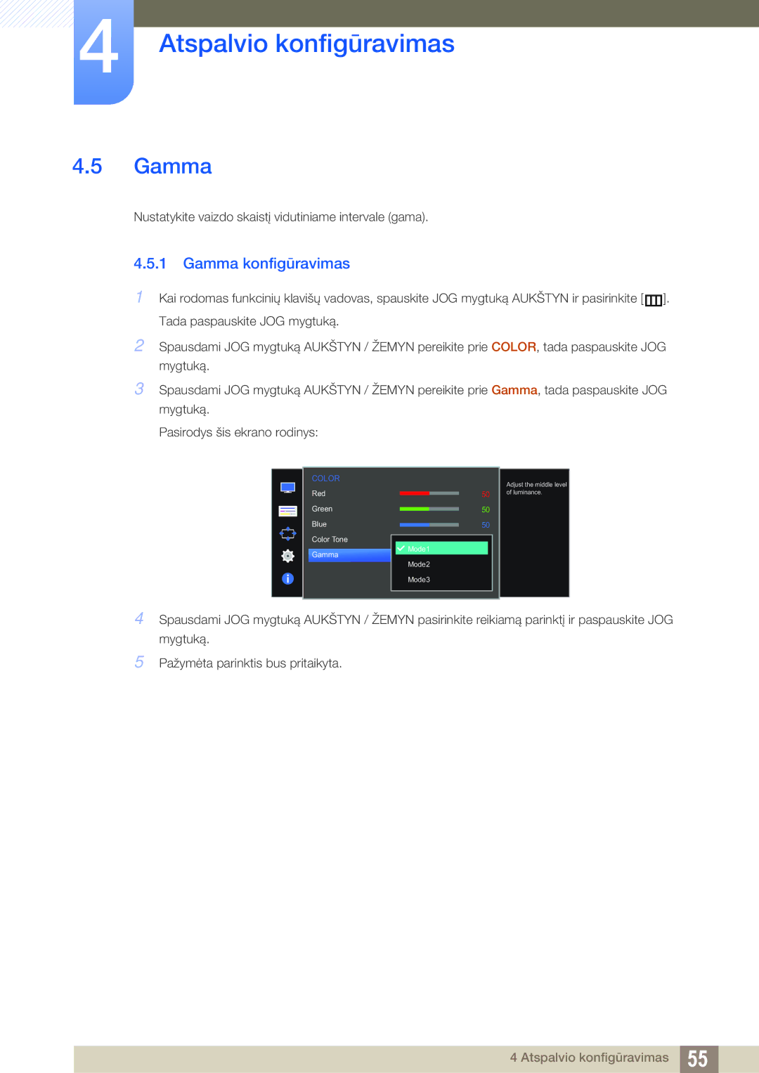 Samsung LS24E390HL/EN, LS27E390HS/EN, LS24E391HL/EN, LS22E390HS/EN, LS27E391HS/EN, LS22E391HS/EN manual Gamma konfigūravimas 