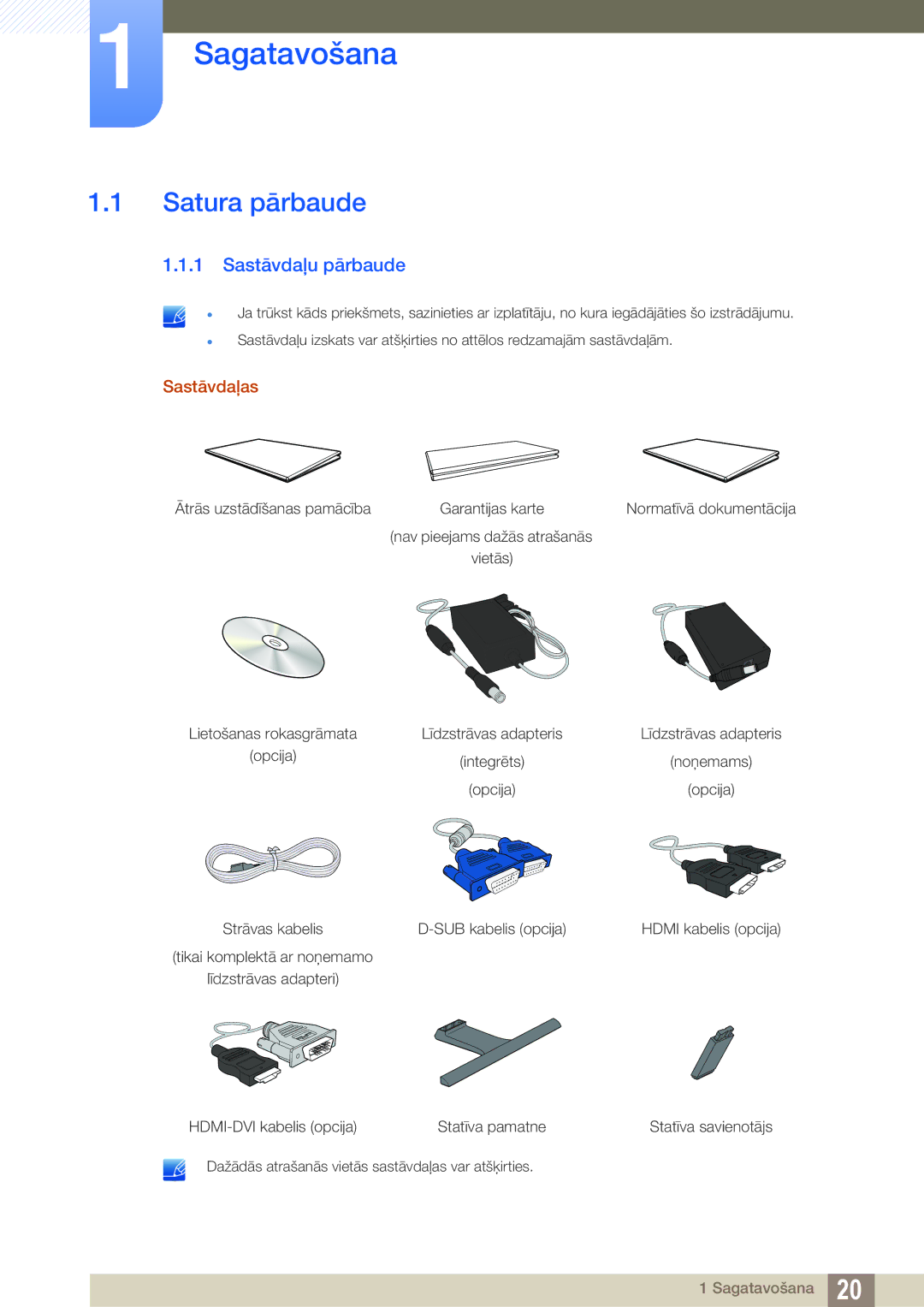 Samsung LS24E391HL/EN, LS27E390HS/EN, LS24E390HL/EN manual Sagatavošana, Satura pārbaude, Sastāvdaļu pārbaude, Sastāvdaļas 