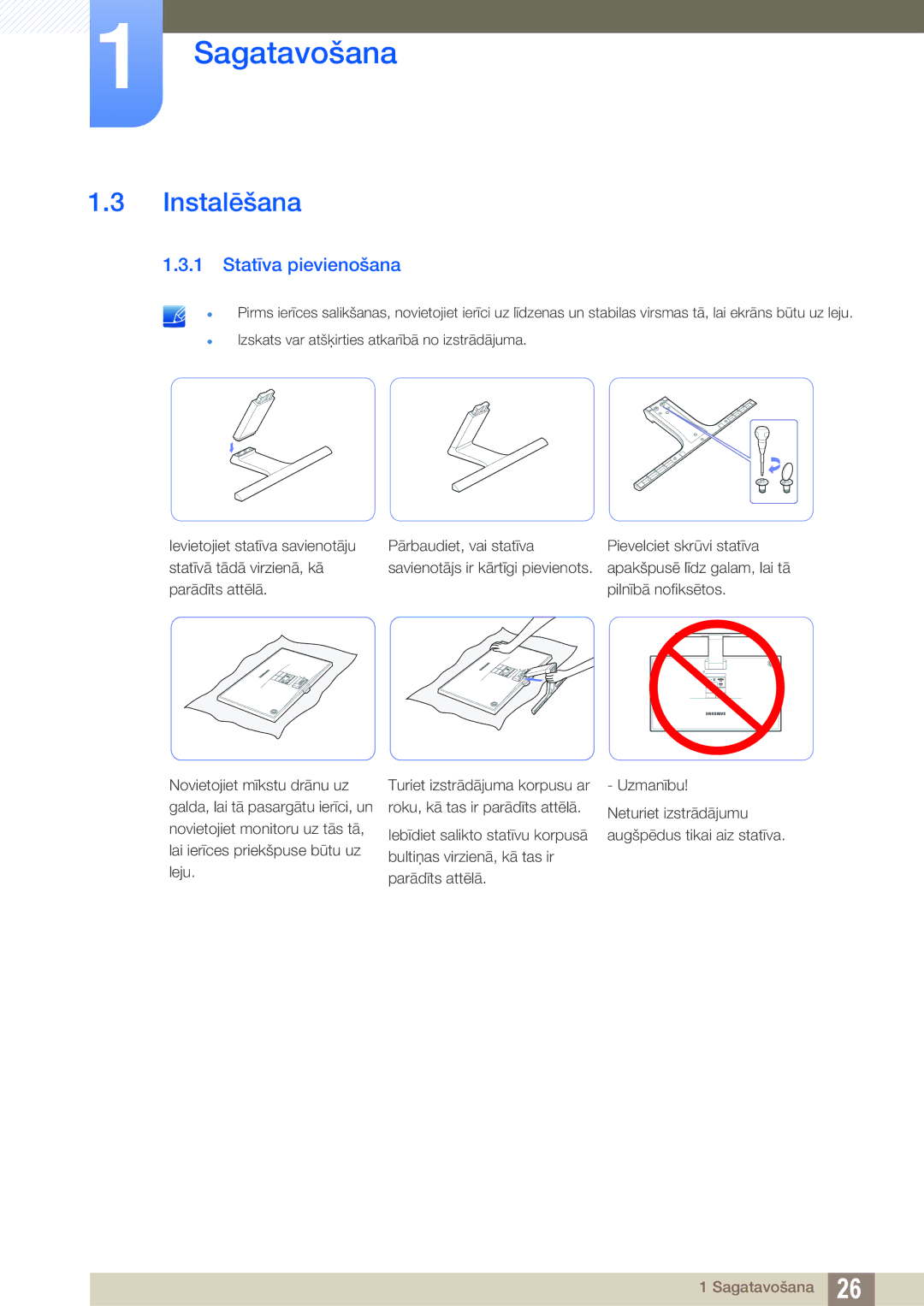 Samsung LS24E391HL/EN, LS27E390HS/EN, LS24E390HL/EN, LS22E390HS/EN, LS27E391HS/EN manual Instalēšana, Statīva pievienošana 