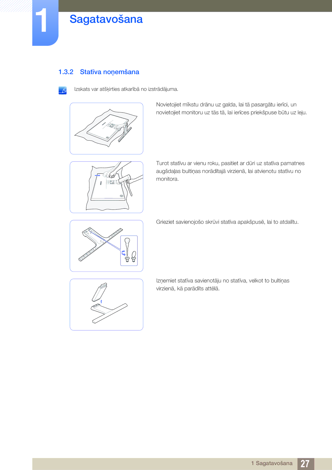 Samsung LS22E390HS/EN, LS27E390HS/EN, LS24E390HL/EN, LS24E391HL/EN, LS27E391HS/EN, LS22E391HS/EN manual Statīva noņemšana 