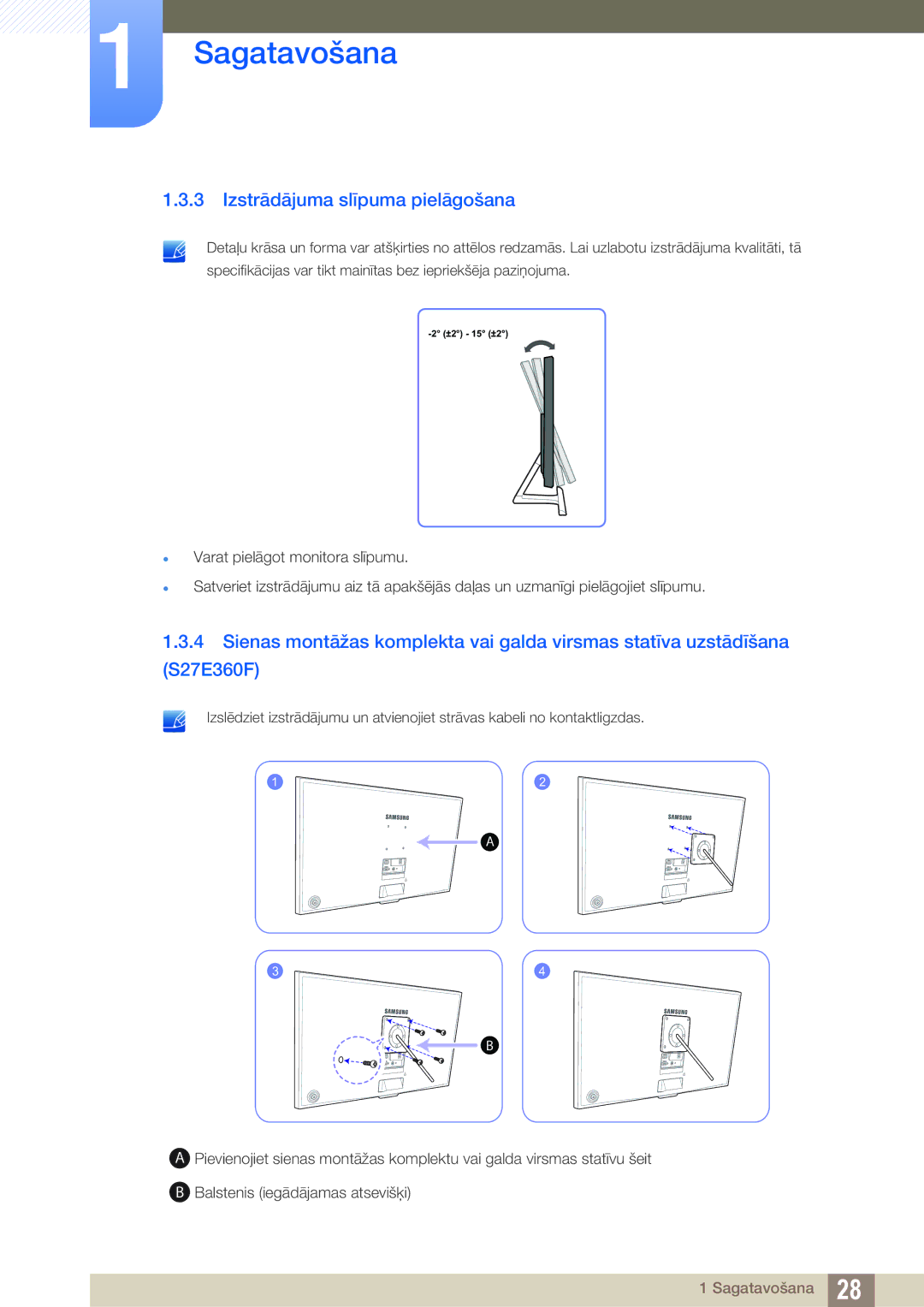 Samsung LS27E391HS/EN, LS27E390HS/EN, LS24E390HL/EN, LS24E391HL/EN, LS22E390HS/EN manual Izstrādājuma slīpuma pielāgošana 