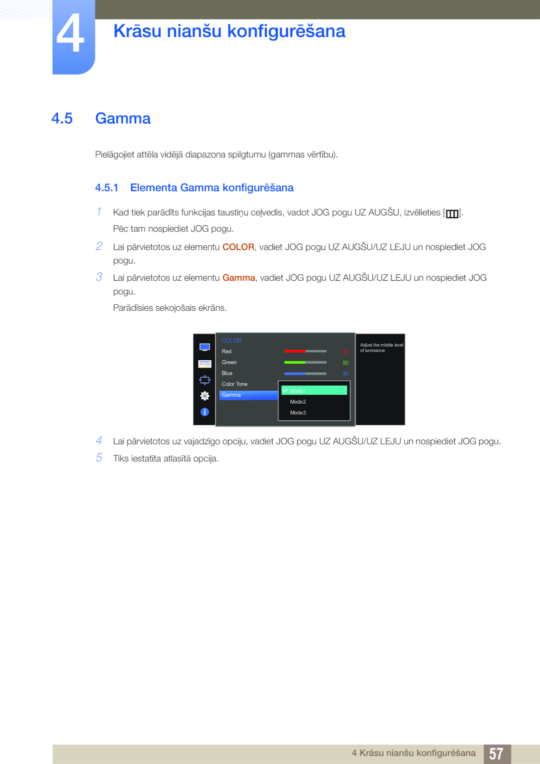 Samsung LS22E390HS/EN, LS27E390HS/EN, LS24E390HL/EN, LS24E391HL/EN, LS27E391HS/EN manual Elementa Gamma konfigurēšana 