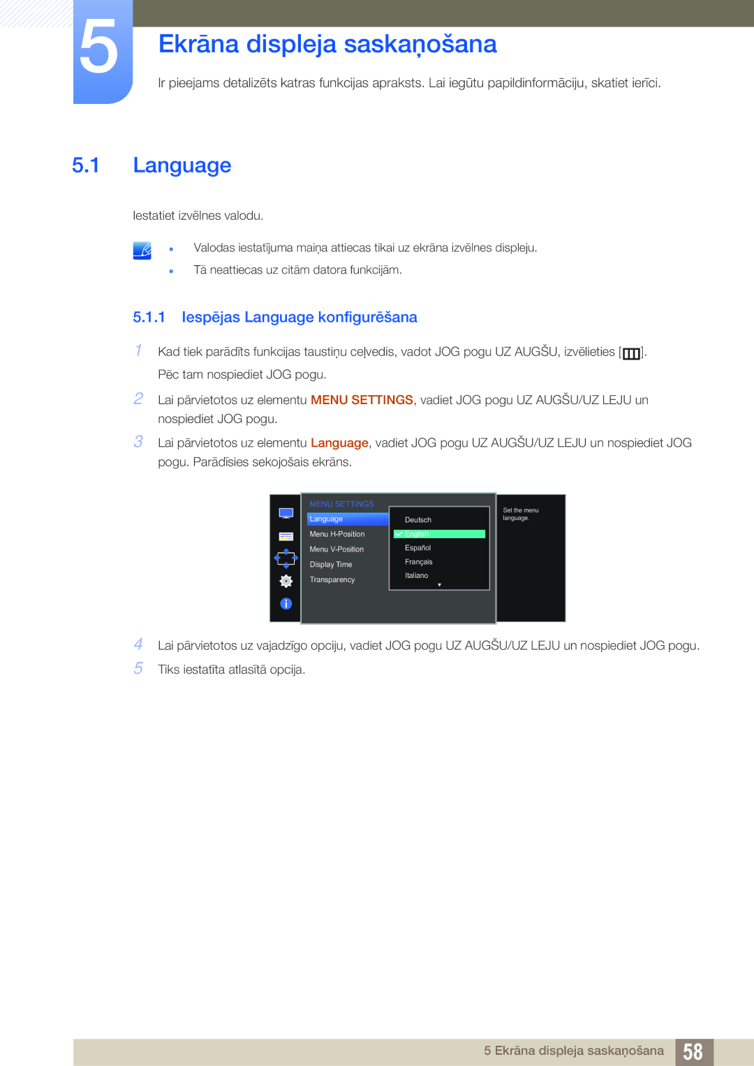 Samsung LS27E391HS/EN, LS27E390HS/EN, LS24E390HL/EN manual Ekrāna displeja saskaņošana, Iespējas Language konfigurēšana 