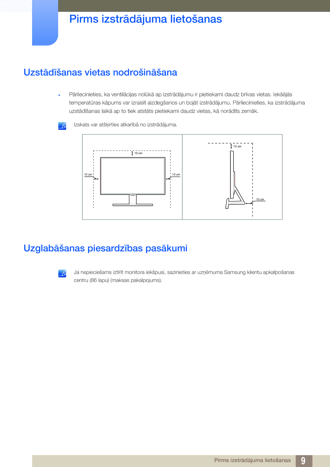 Samsung LS22E390HS/EN, LS27E390HS/EN, LS24E390HL/EN Uzstādīšanas vietas nodrošināšana, Uzglabāšanas piesardzības pasākumi 