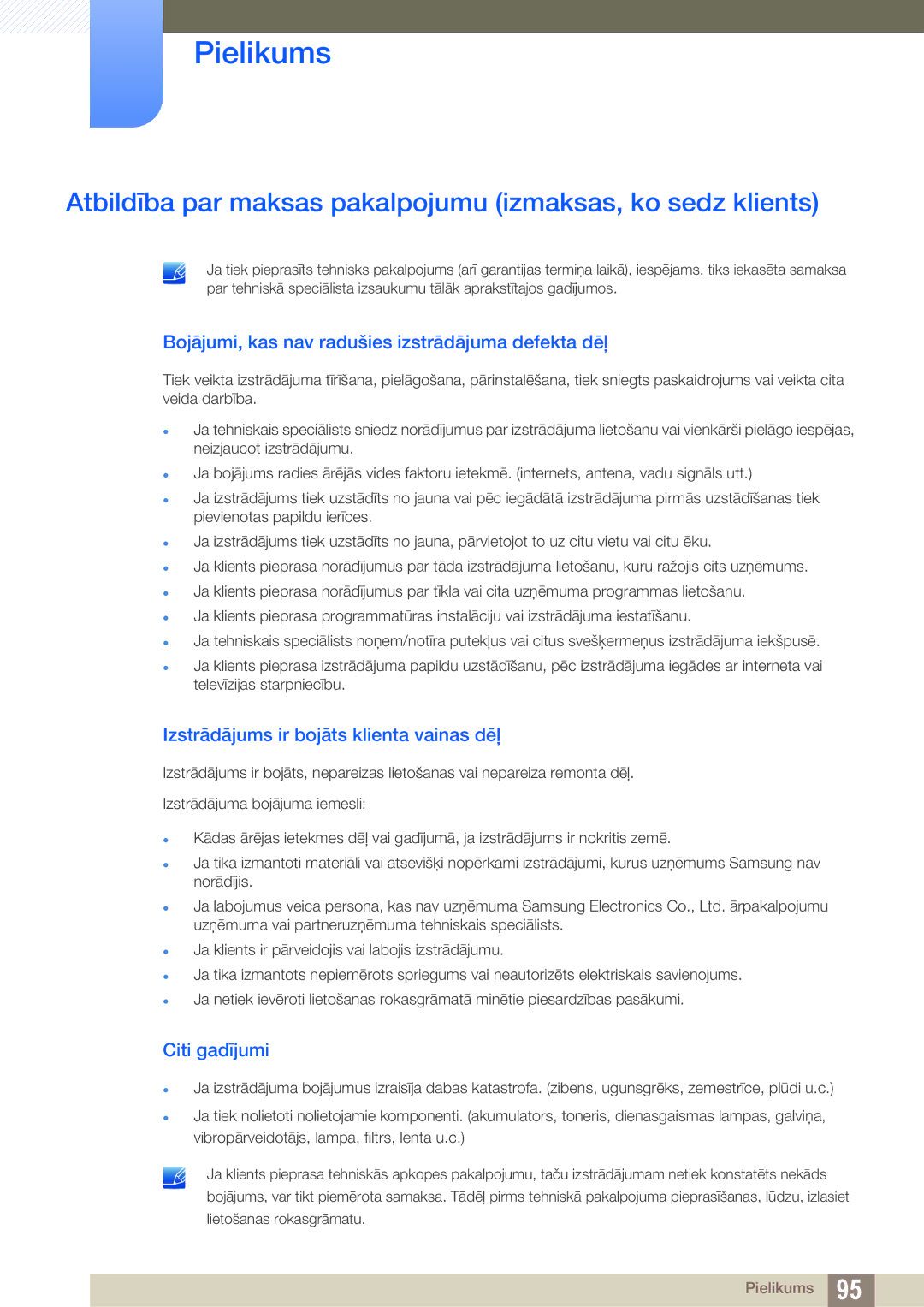 Samsung LS22E391HS/EN, LS27E390HS/EN manual Atbildība par maksas pakalpojumu izmaksas, ko sedz klients, Citi gadījumi 