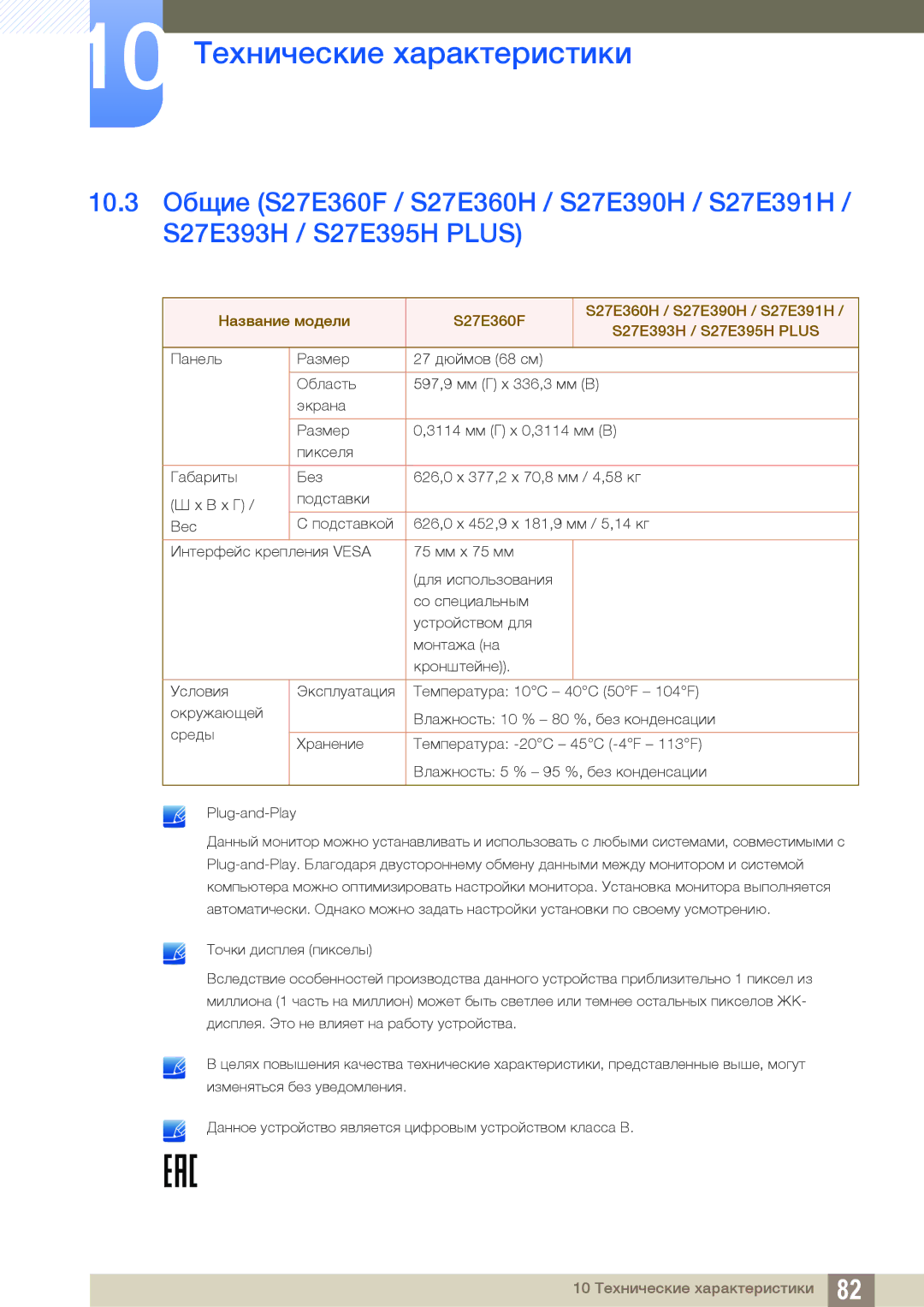 Samsung LS24E390HLO/RU, LS27E390HS/EN, LS24E390HL/EN, LS24E391HL/EN, LS22E390HS/EN manual 10 Технические характеристики 