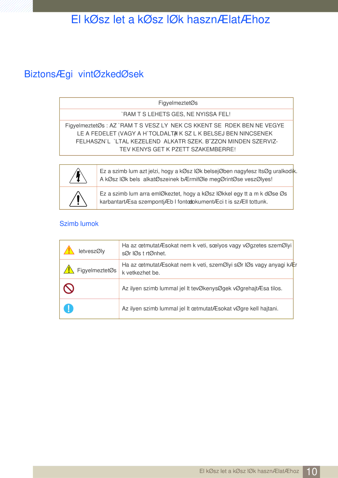 Samsung LS22E390HS/EN, LS27E390HS/EN, LS24E390HL/EN, LS24E391HL/EN, LS27E391HS/EN manual Biztonsági óvintézkedések, Szimbólumok 