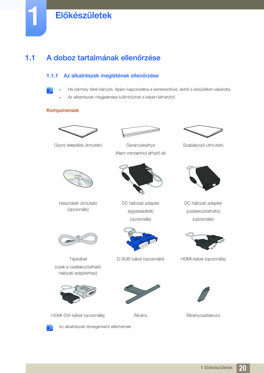 Samsung LT24E390EI/EN Előkészületek, Doboz tartalmának ellenőrzése, Az alkatrészek meglétének ellenőrzése, Komponensek 