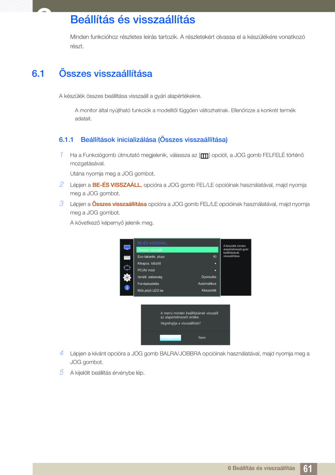 Samsung LS22E391HS/EN, LS27E390HS/EN, LS24E390HL/EN, LS24E391HL/EN manual Beállítás és visszaállítás, Összes visszaállítása 