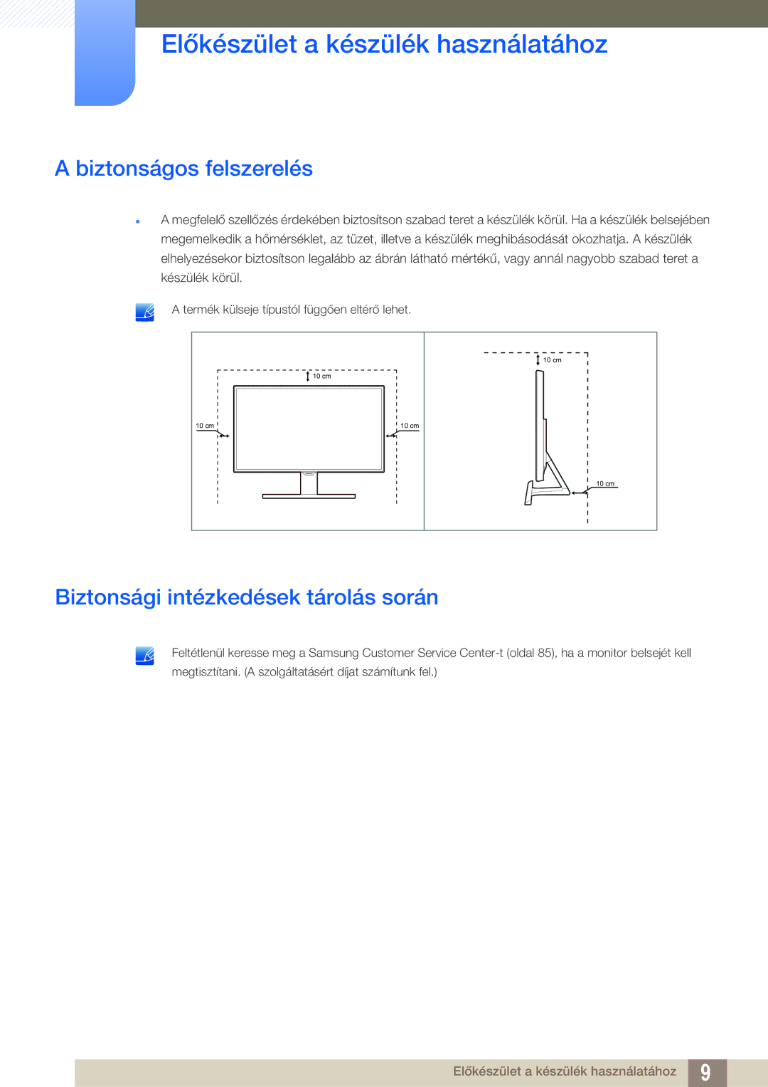 Samsung LS24E391HL/EN, LS27E390HS/EN, LS24E390HL/EN manual Biztonságos felszerelés, Biztonsági intézkedések tárolás során 