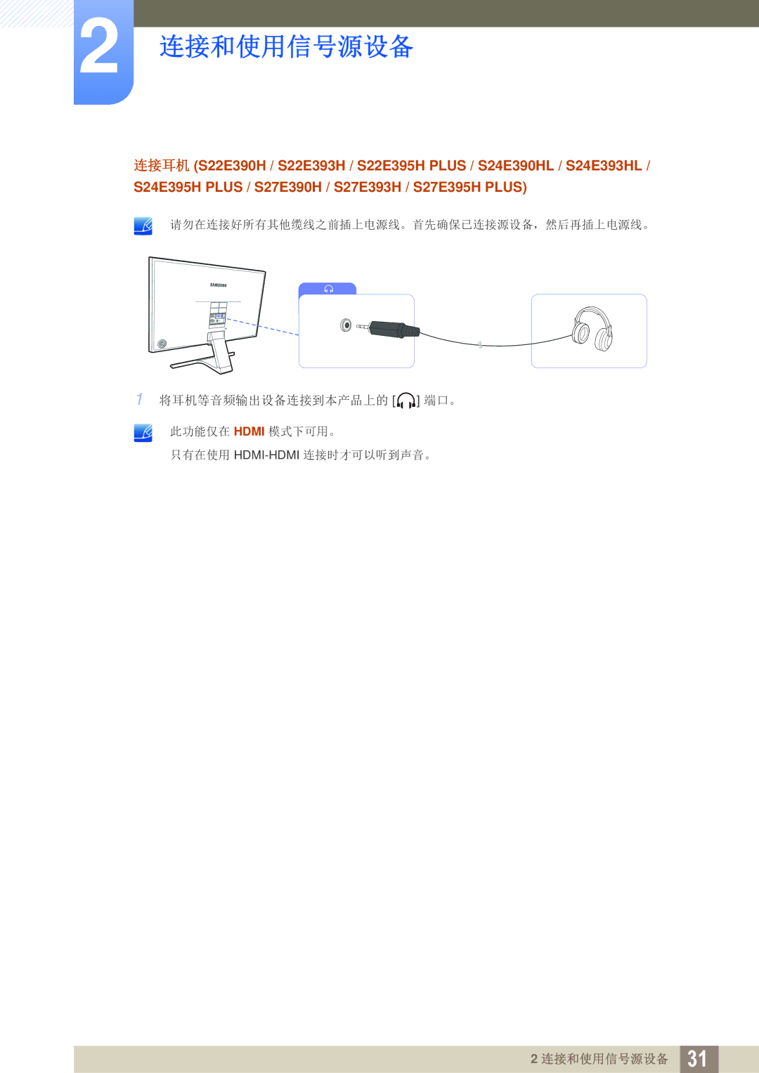 Samsung LS22E390HS/EN, LS27E390HS/EN, LS24E390HL/EN, LS24E391HL/EN, LS27E391HS/EN, LS22E391HS/EN, LT24E390EI/EN manual 连接和使用信号源设备 