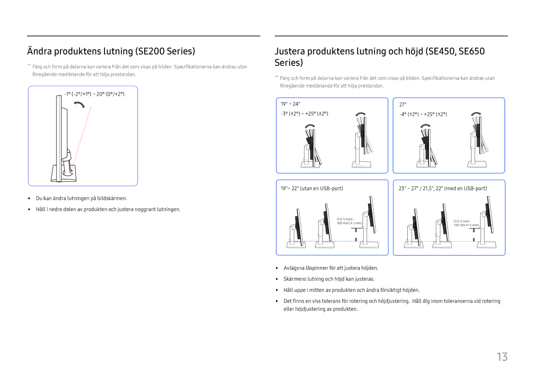 Samsung LS27E45KDHC/XE Ändra produktens lutning SE200 Series, Justera produktens lutning och höjd SE450, SE650 Series 