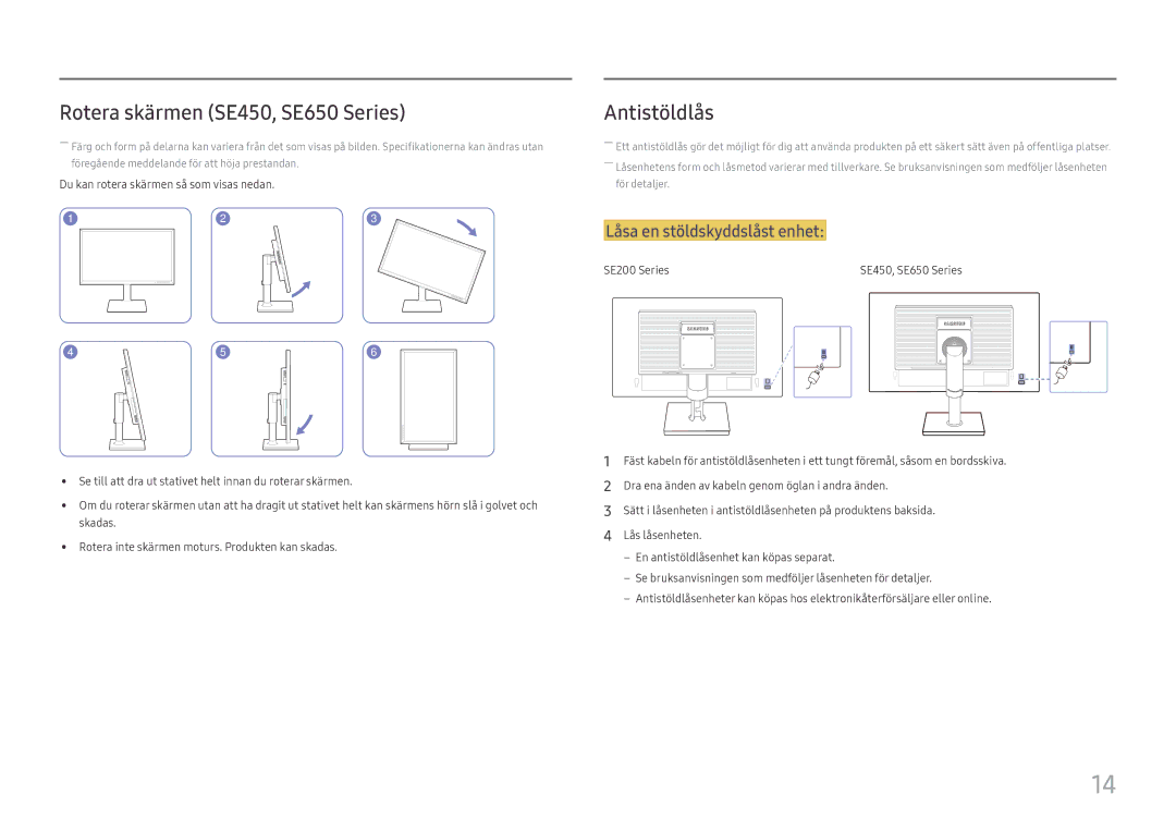 Samsung LS27E45KBH/EN, LS27E45KDHC/XE manual Rotera skärmen SE450, SE650 Series, Antistöldlås, Låsa en stöldskyddslåst enhet 