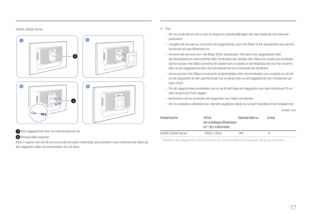 Samsung LS27E45KDHC/XE, LS27E45KBH/EN manual SE450, SE650 Series 100,0 x 100,0 