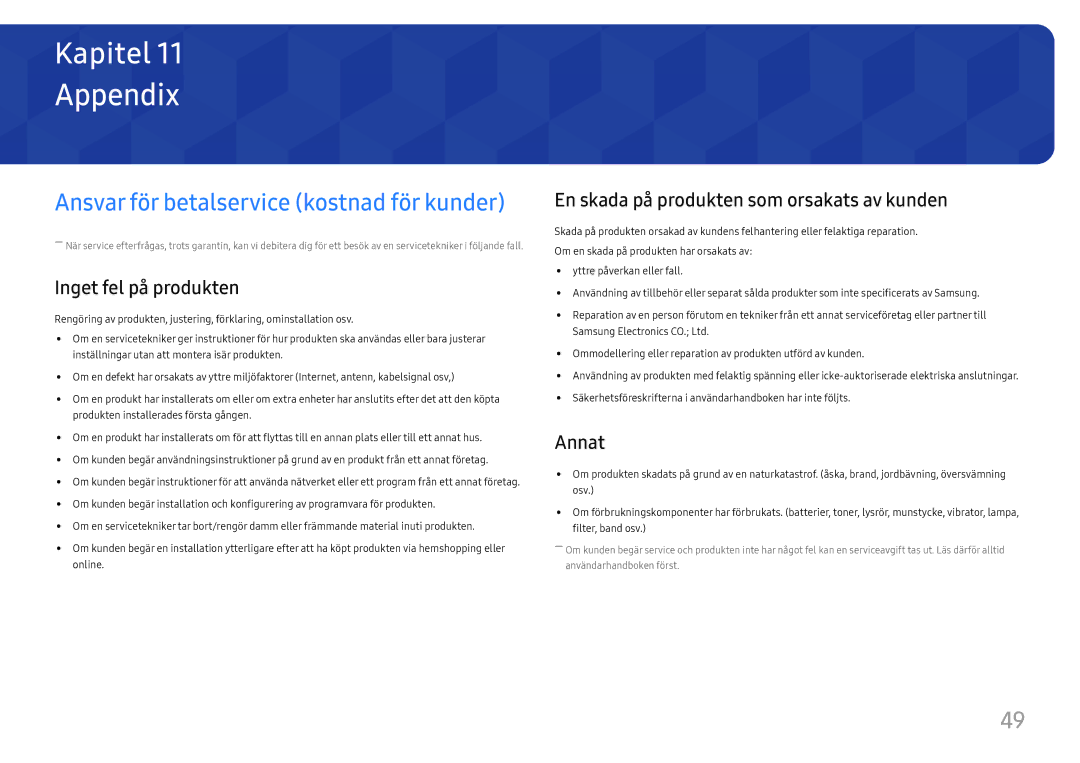 Samsung LS27E45KDHC/XE manual Appendix, Inget fel på produkten, En skada på produkten som orsakats av kunden, Annat 