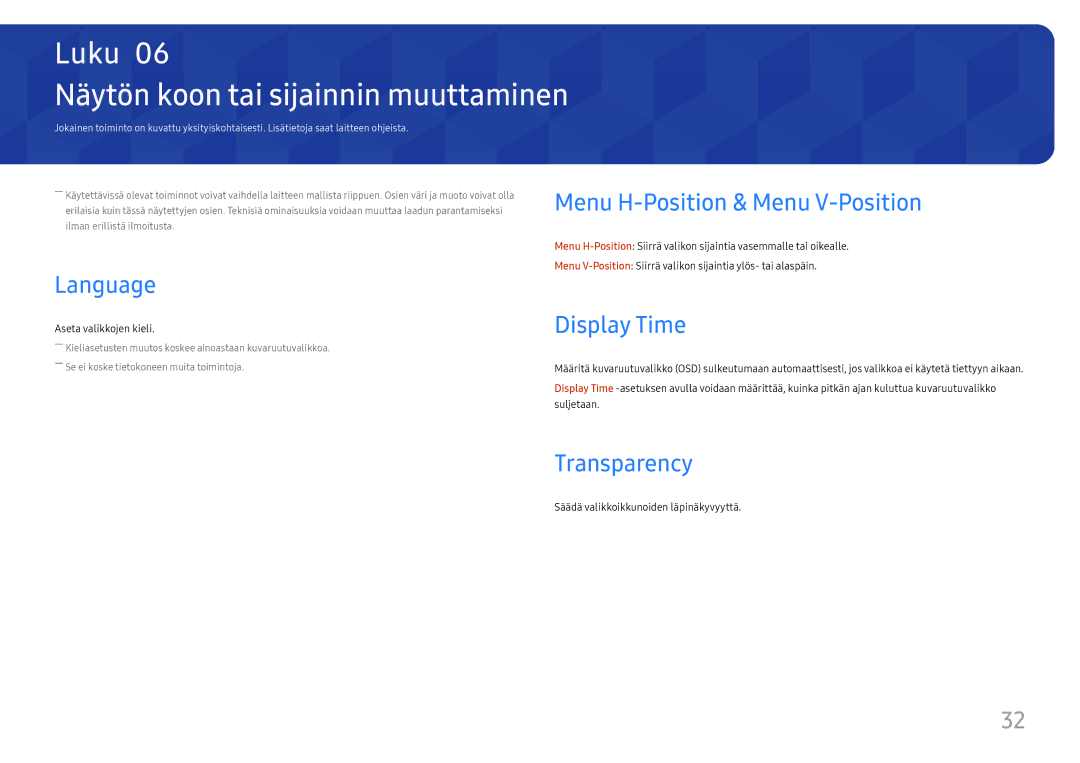 Samsung LS27E45KBH/EN, LS27E45KDHC/XE manual Näytön koon tai sijainnin muuttaminen, Language, Display Time, Transparency 