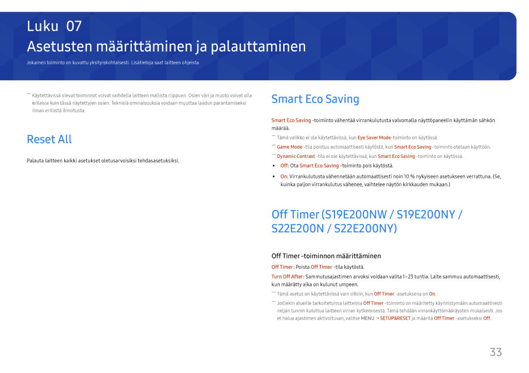 Samsung LS27E45KDHC/XE, LS27E45KBH/EN manual Asetusten määrittäminen ja palauttaminen, Reset All 