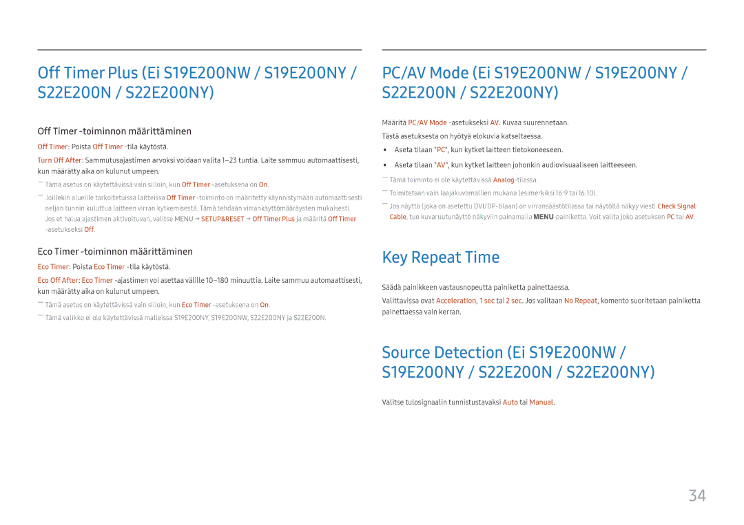 Samsung LS27E45KBH/EN, LS27E45KDHC/XE manual PC/AV Mode Ei S19E200NW / S19E200NY / S22E200N / S22E200NY, Key Repeat Time 