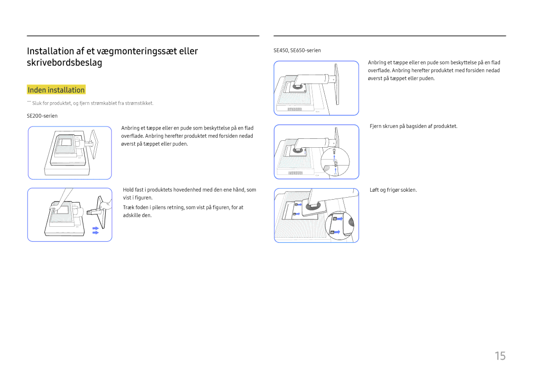 Samsung LS27E45KDHC/XE, LS27E45KBH/EN manual Installation af et vægmonteringssæt eller, Skrivebordsbeslag 