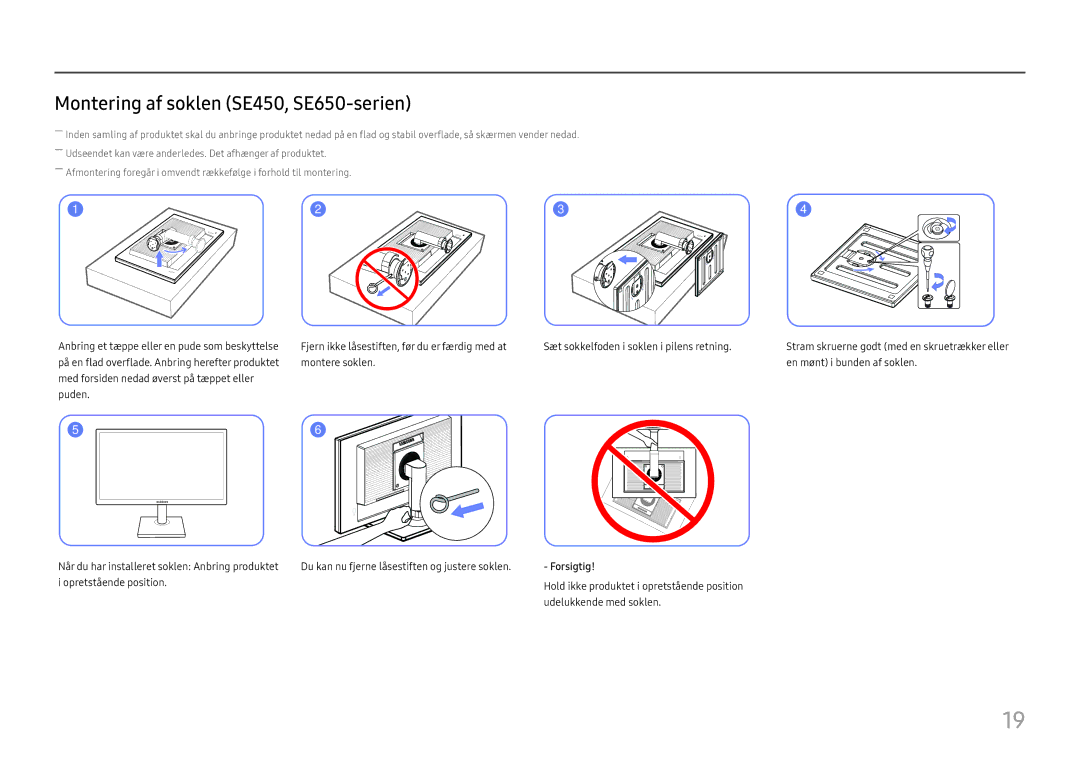 Samsung LS27E45KDHC/XE, LS27E45KBH/EN manual Montering af soklen SE450, SE650-serien, Forsigtig 